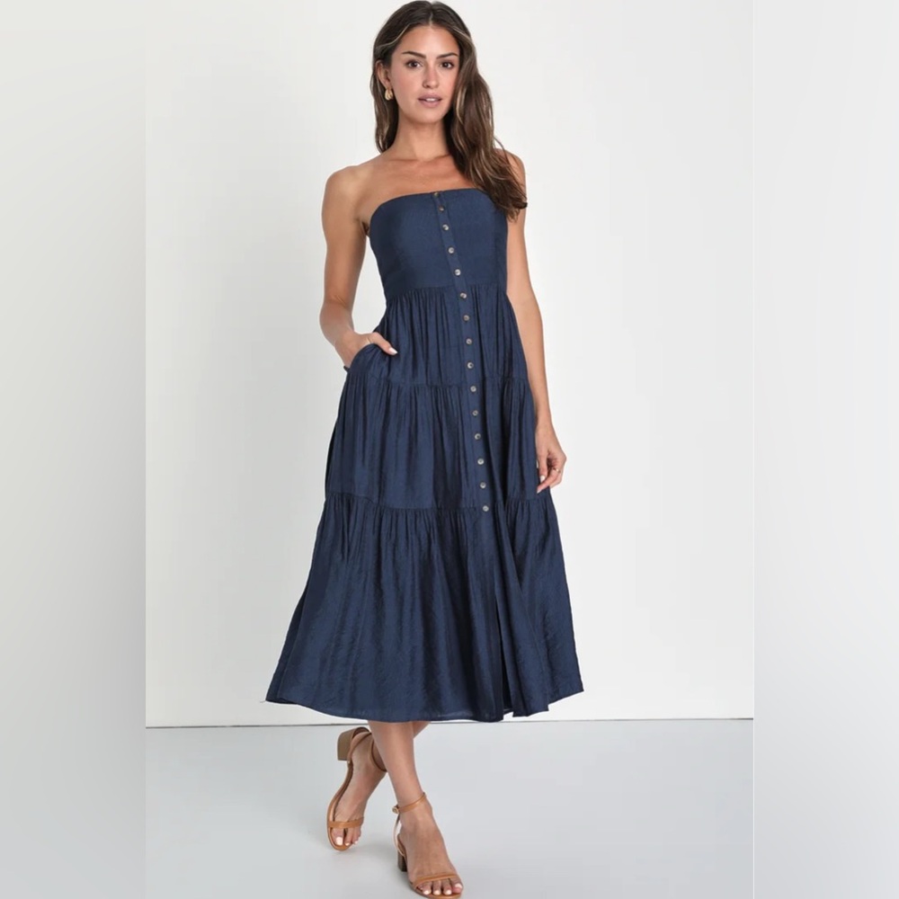NWT Lulus Sweatness and Sunshine Navy Strapless Midi Dress
